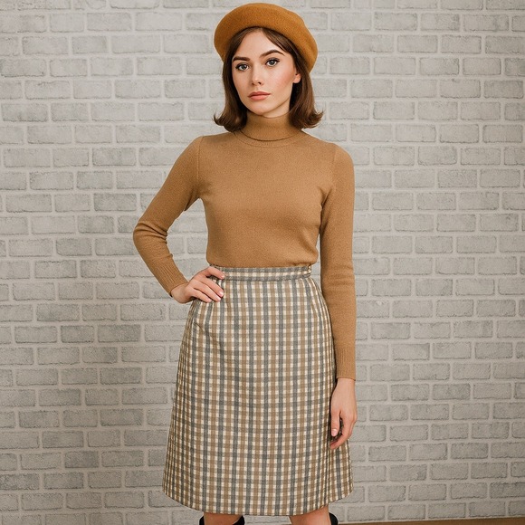 Vintage 60s Plaid A-Line Skirt Taupe Gray Beige Checkered Lined Side Zip Mod - Picture 1 of 7